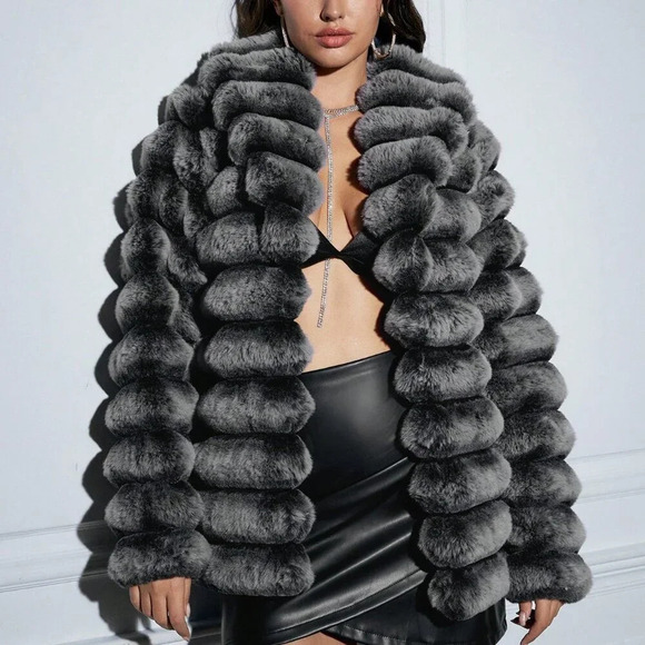 Grey Women's Open Front Fuzzy Coat - Picture 7 of 7